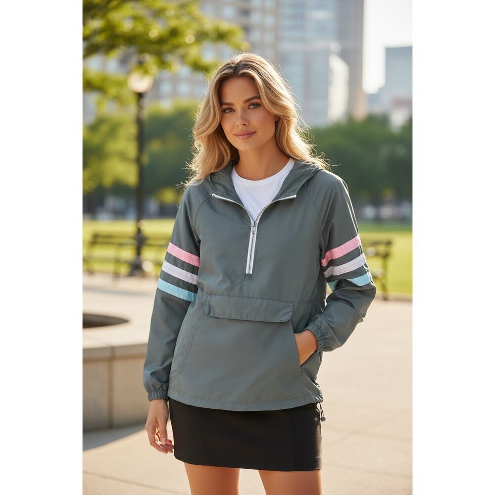 Zine Half Zip Hooded Windbreaker Gray Stripe Sleeves Size Small